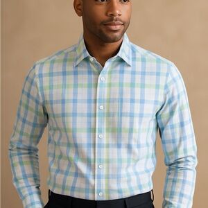 Bonobos Men’s Long Sleeve Button Down Shirt  Light Blue Green Plaid Slim Fit L